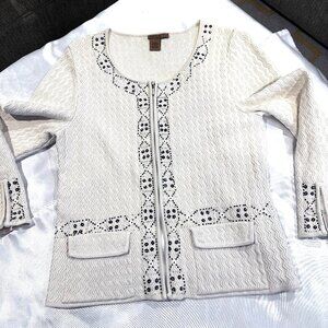 Arden B Silk/Cotton Ivory Zip Cardigan w/Sequins, Size L